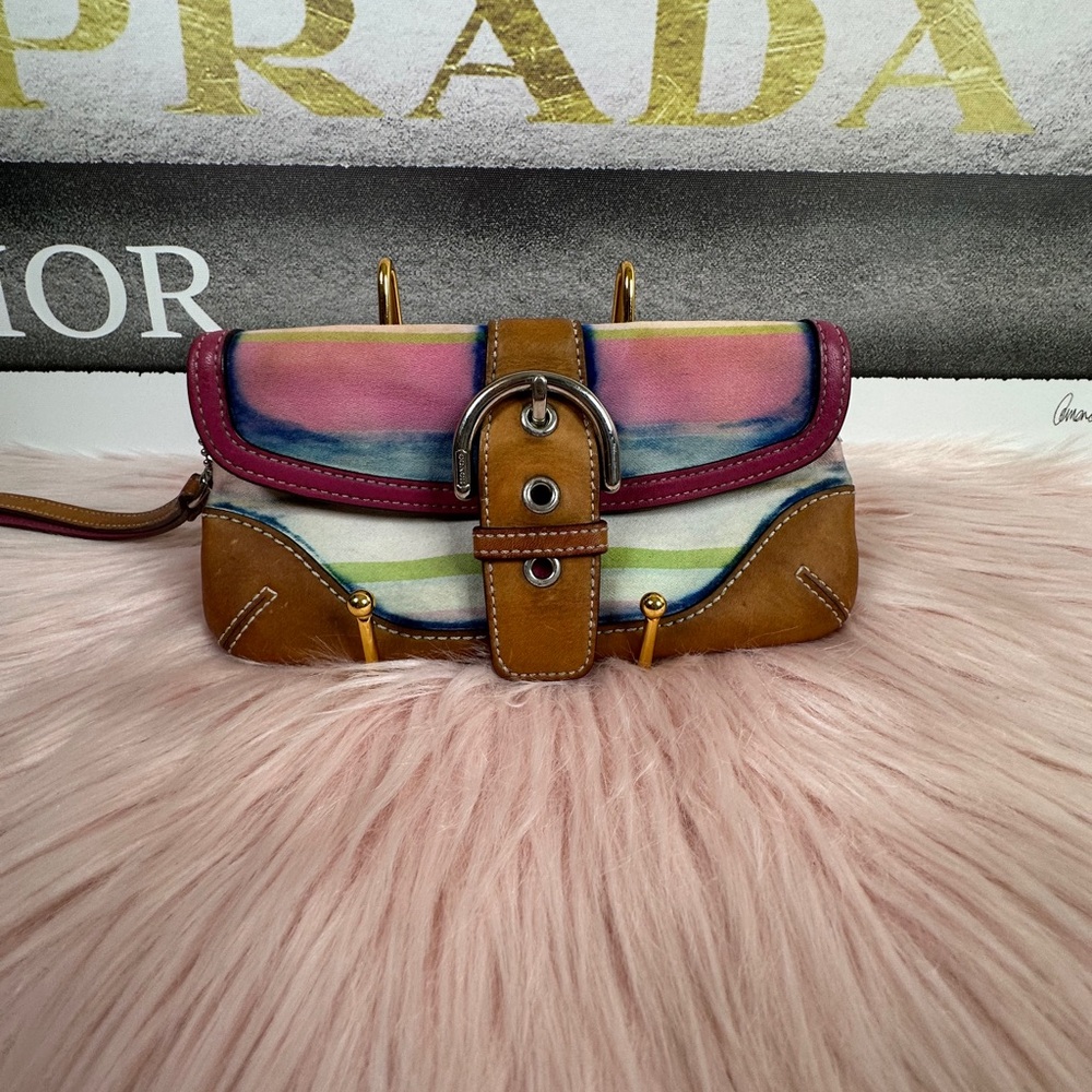 Coach SoHo Multicolor Canvas & Leather Wristlet - Pink, Tan, Blue